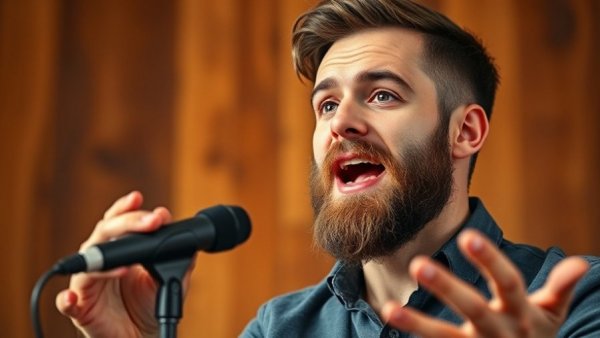 Man sharing business knowledge insights on microphone indoors.