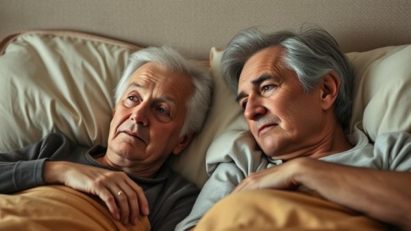 Elderly couple in bed; man awake and thoughtful, coping with loss.