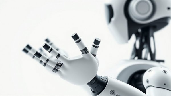 Modern humanoid robot coworker gesturing in white space.