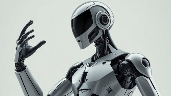 Futuristic humanoid robot gesturing in a workspace.