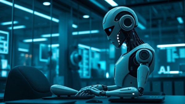 Futuristic robot working in a tech lab, discussing cloud and Kubernetes optimization.