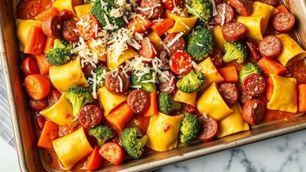 Sheet pan tortellini bake with sausage, broccoli, and carrots.