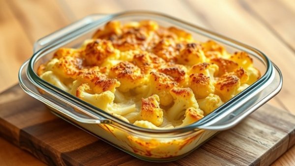 Golden cauliflower gratin in glass dish on wooden table.