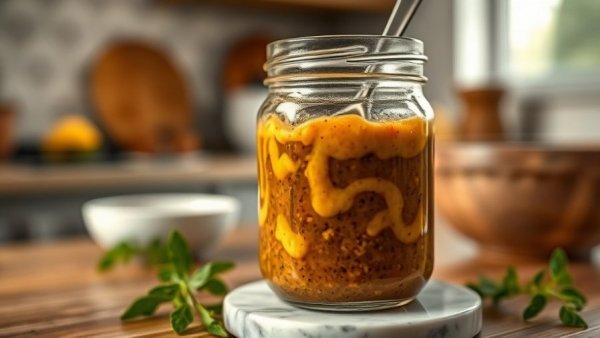 Homemade Italian dressing in a jar with a spoon, close-up.
