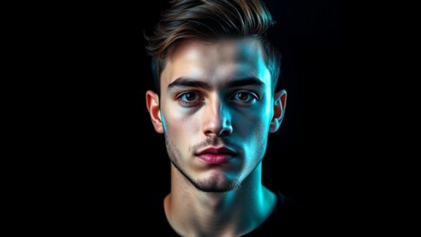 Modern graphic design with a young man and bold text on a dark background.