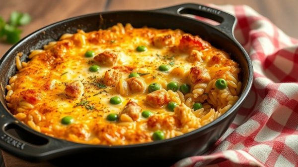 Cheesy Tuna Orzo Skillet with golden crust in a cast iron pan.