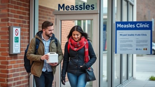Measles clinic entrance highlighting U.S. measles elimination status.