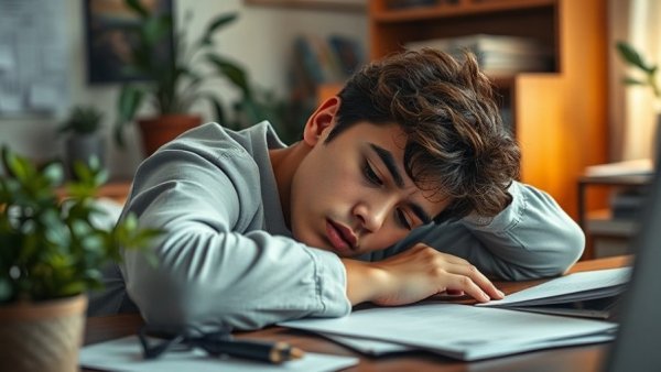 Young person fatigued at desk, suggesting need for ChatGPT sleep schedule improvement.
