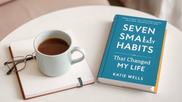 Minimalist book cover with coffee, notepad, and glasses.