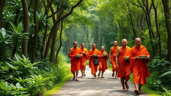 Monks Walk for Peace: serene walk in forest with bright orange robes.