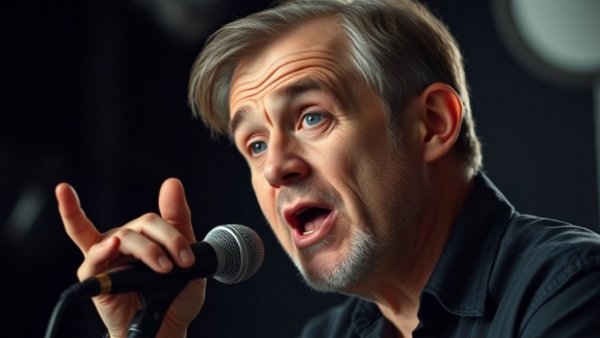 Animated middle-aged man speaking in a darkly lit studio.