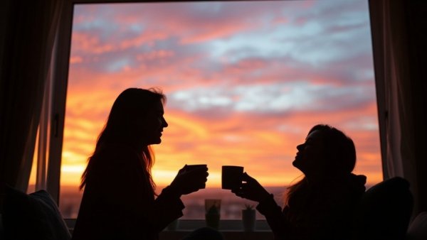 Silhouetted couple enjoying coffee at sunset, finding joy amid suffering.