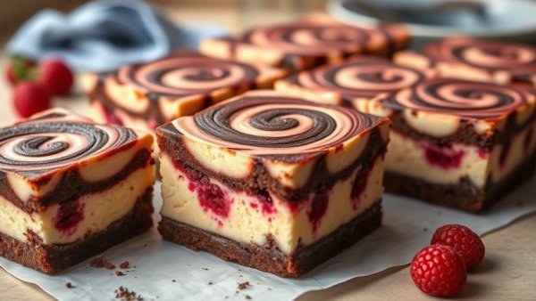Raspberry cheesecake brownies with chocolate swirl on a plate.