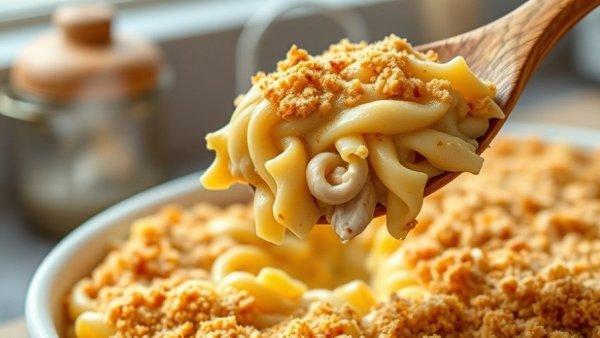 Healthy Chicken Noodle Casserole in a baking dish, warm and delicious.