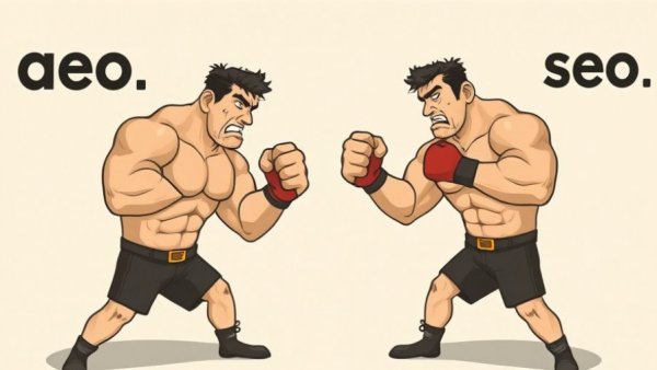 SEO AEO GEO vintage boxing illustration, metaphorical confrontation.