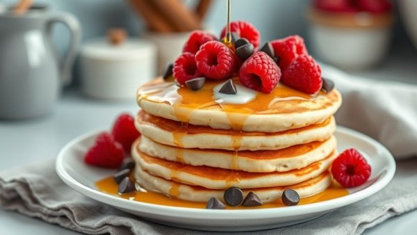 Fluffy yogurt pancakes stacked with raspberries and chocolate chips.