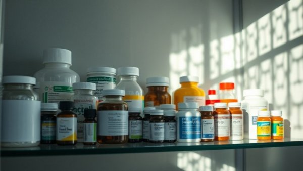 Medicine cabinet organized with sunlight casting shadows inside.