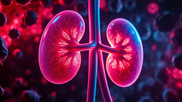 Vivid illustration of kidneys showing function mismatch, blood tests.