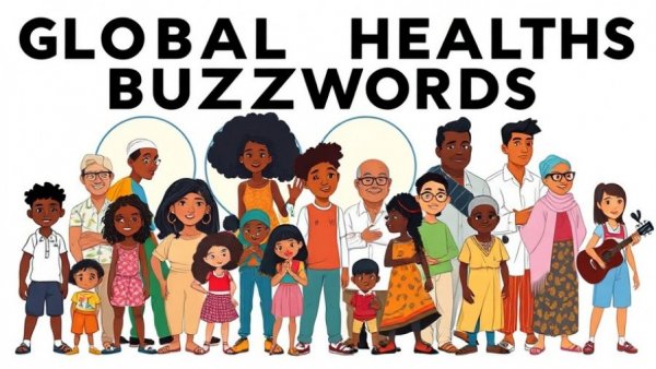 Global health buzzwords represented with diverse characters and themes in cartoon style.