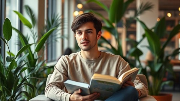 Casual young man discussing must-read books for 2023 indoors.