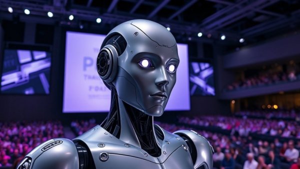 Futuristic AI Browser presentation at tech event with humanoid robot.