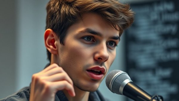 Young man speaking on AI transcription technology with text background.