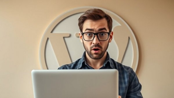 Shocked man with laptop, WordPress logo backdrop.