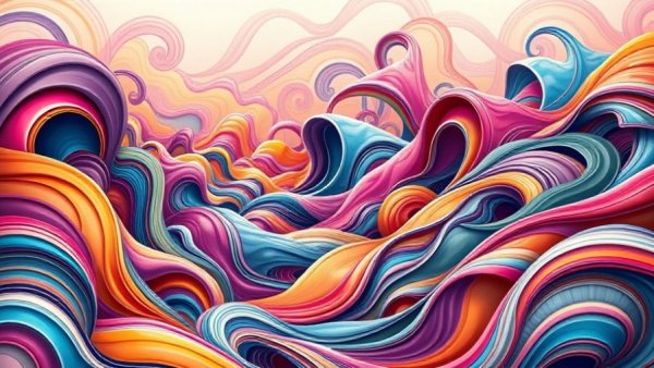 Abstract colorful landscape with swirling lines and shapes.