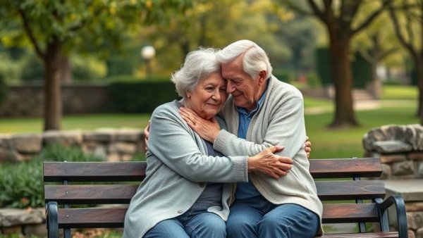 Elderly couple embracing on a park bench, symbolizing good old-fashioned relationship habits.