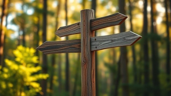 Navigating complications in a forest with wooden signpost
