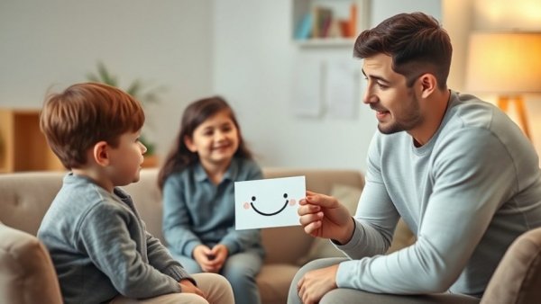 Pediatric counseling session with child and adults in a calm environment.