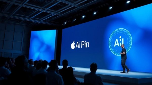 Apple AI Pin presentation with speaker on stage at conference.