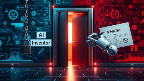 Illustration showing AI's challenges in patenting inventions compared to humans, highlighting the debate.