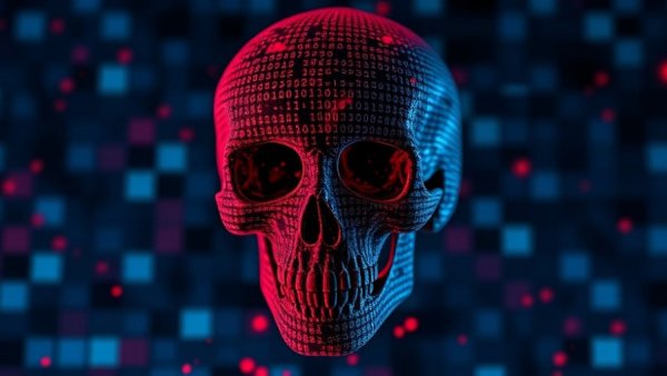 Stylized binary skull in abstract tech mosaic; AI agents reliability and limitations theme.