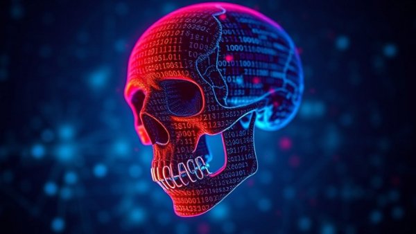Binary code skull illustrates AI agents mathematics limitations.