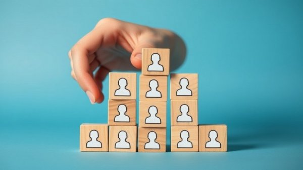 Wooden blocks with white icons in a pyramid on blue, symbolizing KNIME leadership transition.