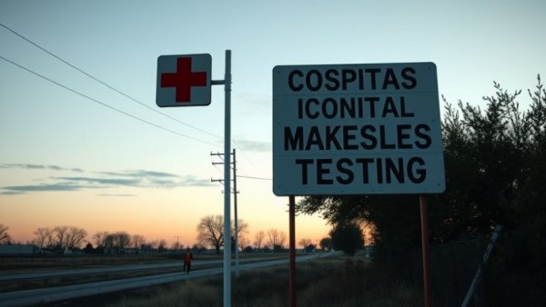 Hospital signs indicating emergency and measles testing, U.S. measles-free status risk.