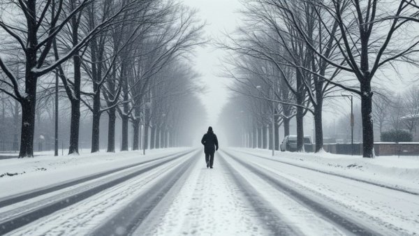 Person walking on snow-covered street during winter storm preparation