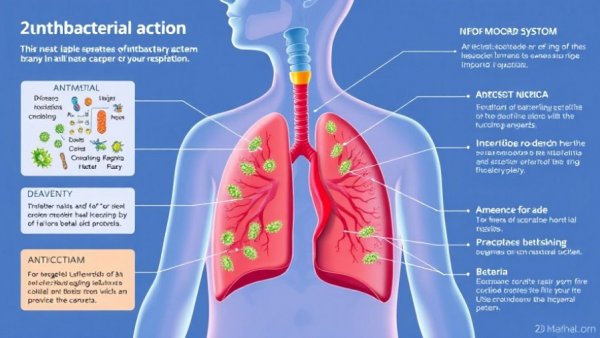 Illustrated diagram of inhaled nitric oxide antibacterial action on bacteria, showing respiratory system.
