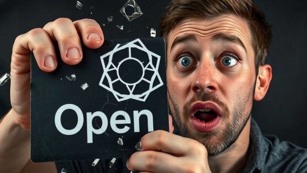 Man surprised by cracked OpenAI logo, representing risky strategies in AI advertising.