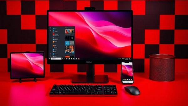 Modern desktop setup with Windows 11 display and smartphone.