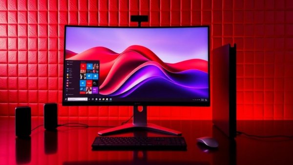 Sleek computer setup with Windows 11 on red checkered background.