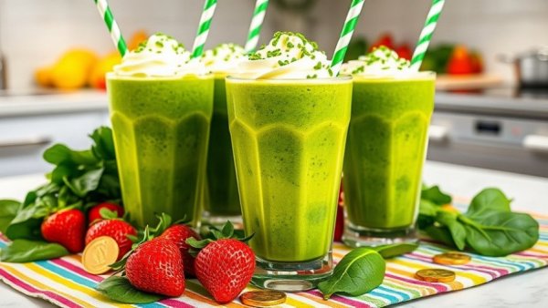 Green Power Smoothie topped with cream and sprinkles, colorful setting.