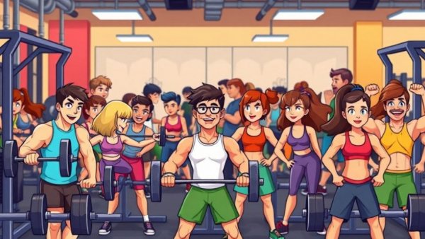 Cartoon gym scene illustrating functional strength training with weights.