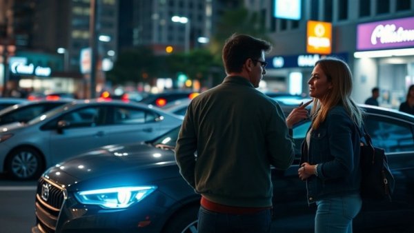 Casual conversation outdoors at night next to LED-lit car, urban setting.