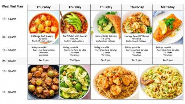 Weekly meal plan for healthy eating with diverse dishes.
