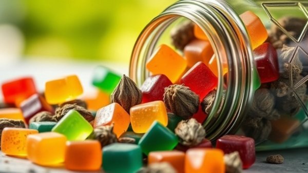 Close-up of hemp gummies and buds for natural stress relief.