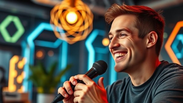 Man discussing OpenAI Drug Discoveries, smiling with microphone, tech-themed background.