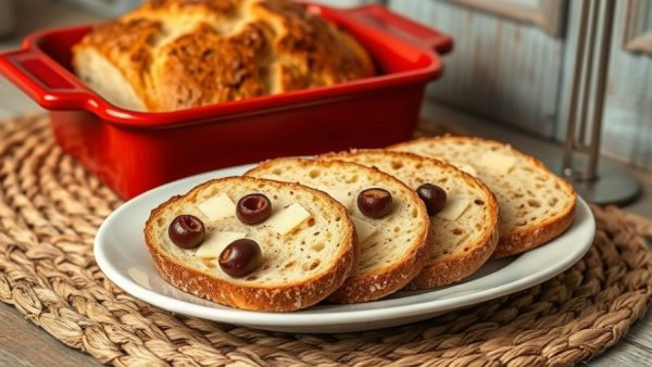 Low-Carb Olive Bread Recipe slices with cheese and olives on a plate.