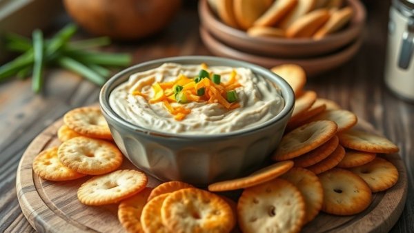 High protein crack dip with cheese and green onions, served with crackers.